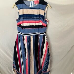 Kate Spade: Pink/Blue Striped Sleeveless Dress- Silver Tone Zipper- Pockets- 4